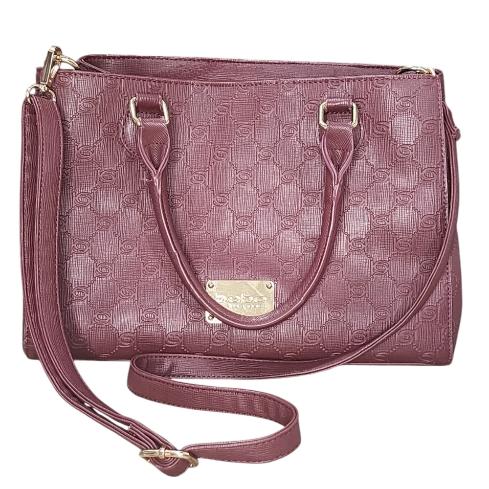 BEBE plum/Burgundy monogram convertible bag, handbag/crossbody